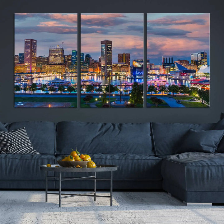 The "Baltimore City Lights Sunset Purple Cloudy Skyline Cityscape View Wall Art Canvas Prints," featuring a city skyline at sunset, is prominently displayed.