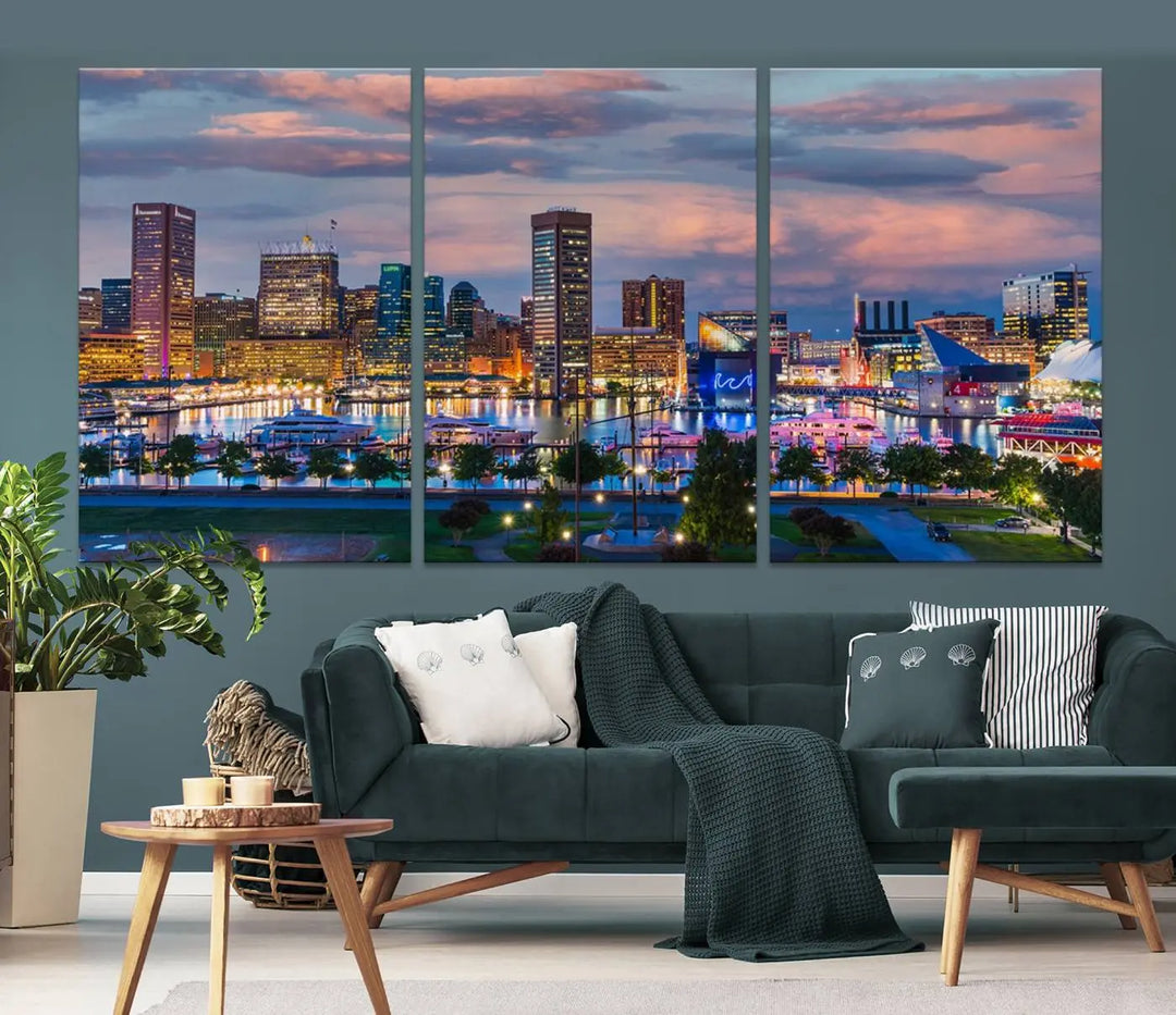 The "Baltimore City Lights Sunset Purple Cloudy Skyline Cityscape View Wall Art Canvas Prints," featuring a city skyline at sunset, is prominently displayed.