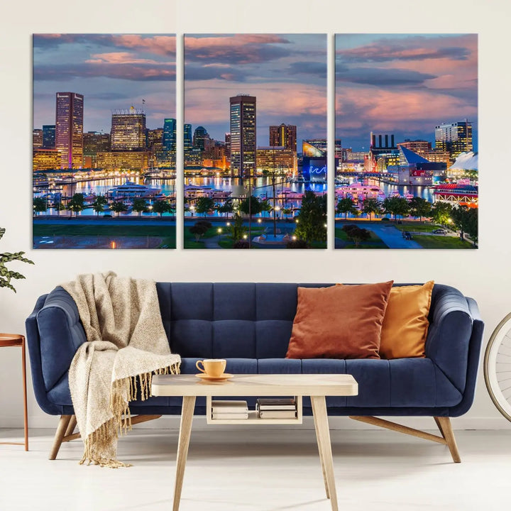 The "Baltimore City Lights Sunset Purple Cloudy Skyline Cityscape View Wall Art Canvas Prints," featuring a city skyline at sunset, is prominently displayed.