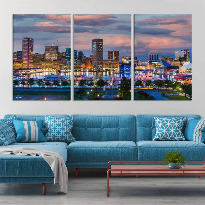 The "Baltimore City Lights Sunset Purple Cloudy Skyline Cityscape View Wall Art Canvas Prints," featuring a city skyline at sunset, is prominently displayed.