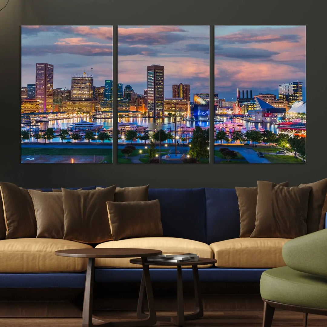 The "Baltimore City Lights Sunset Purple Cloudy Skyline Cityscape View Wall Art Canvas Prints," featuring a city skyline at sunset, is prominently displayed.