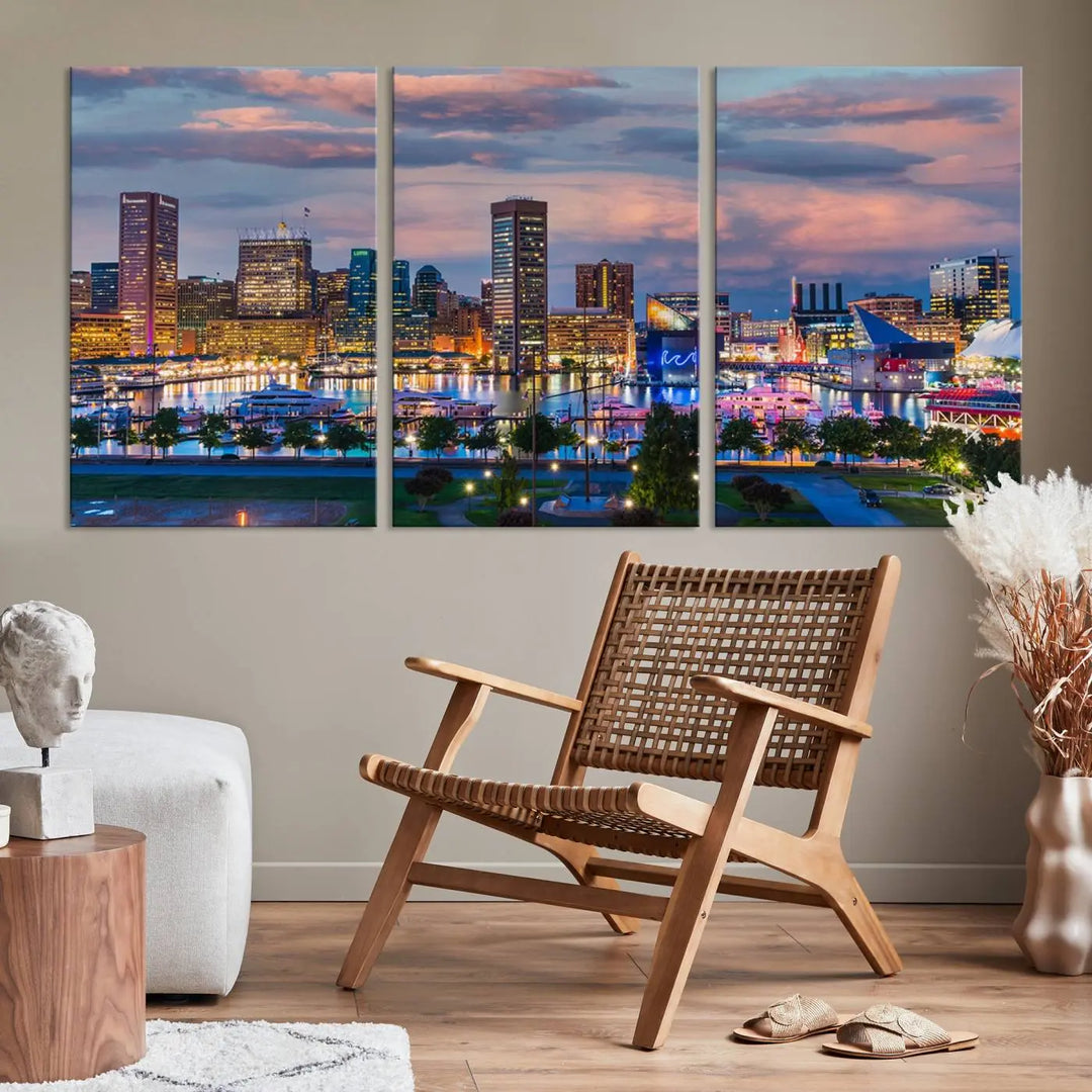 The "Baltimore City Lights Sunset Purple Cloudy Skyline Cityscape View Wall Art Canvas Prints," featuring a city skyline at sunset, is prominently displayed.