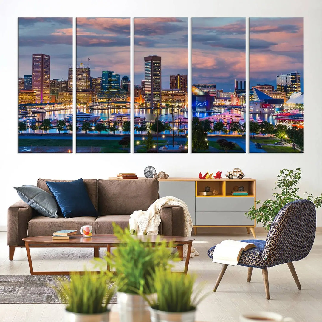 The "Baltimore City Lights Sunset Purple Cloudy Skyline Cityscape View Wall Art Canvas Prints," featuring a city skyline at sunset, is prominently displayed.