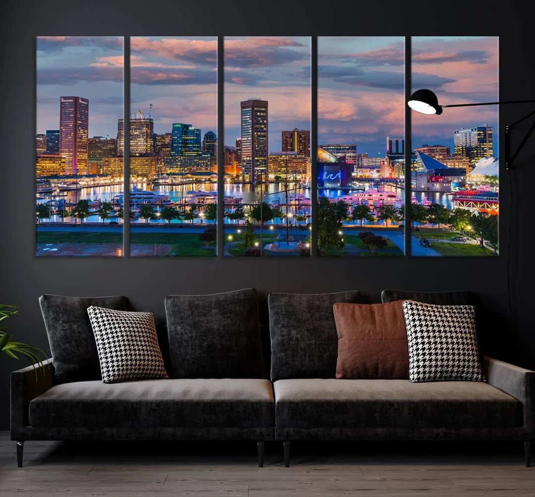 The "Baltimore City Lights Sunset Purple Cloudy Skyline Cityscape View Wall Art Canvas Prints," featuring a city skyline at sunset, is prominently displayed.