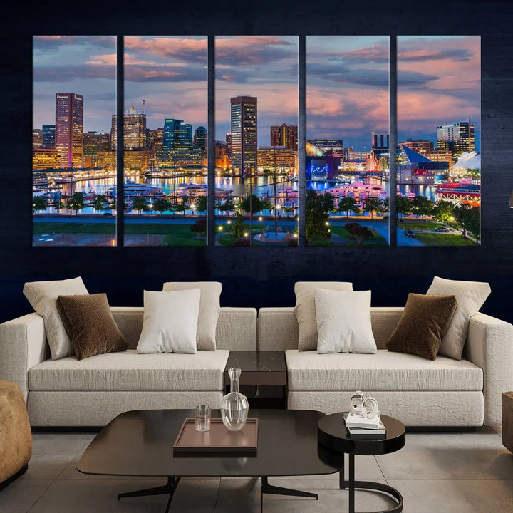 The "Baltimore City Lights Sunset Purple Cloudy Skyline Cityscape View Wall Art Canvas Prints," featuring a city skyline at sunset, is prominently displayed.