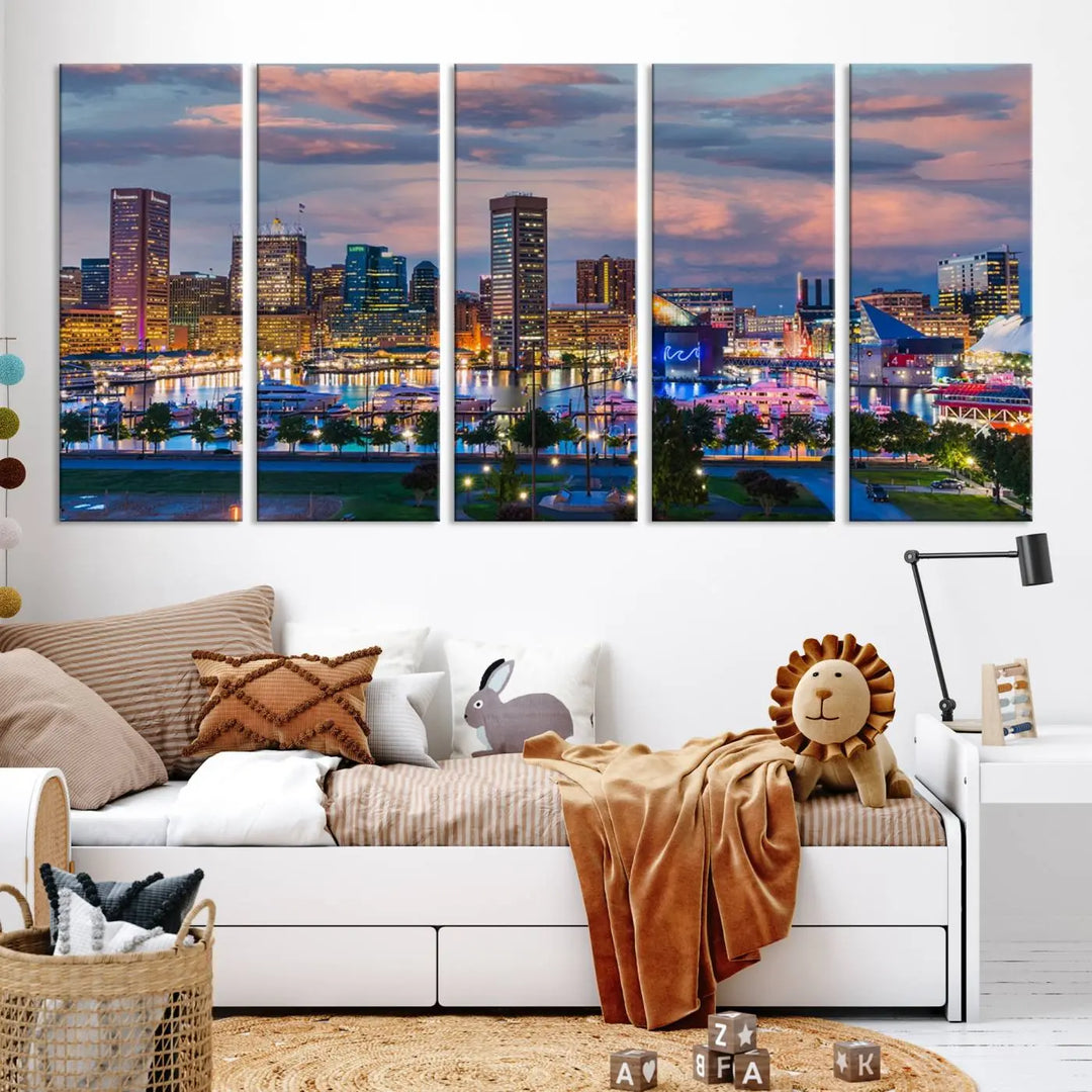 The "Baltimore City Lights Sunset Purple Cloudy Skyline Cityscape View Wall Art Canvas Prints," featuring a city skyline at sunset, is prominently displayed.