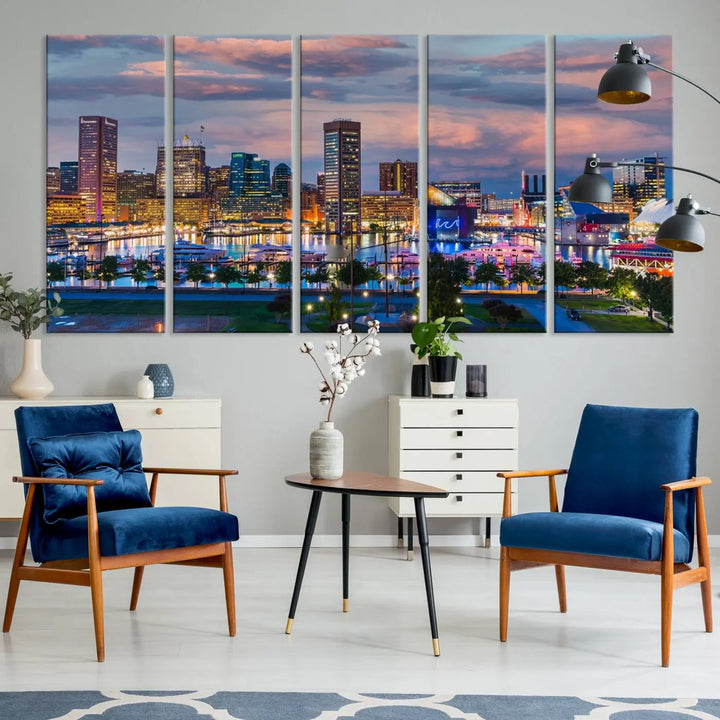 The "Baltimore City Lights Sunset Purple Cloudy Skyline Cityscape View Wall Art Canvas Prints," featuring a city skyline at sunset, is prominently displayed.