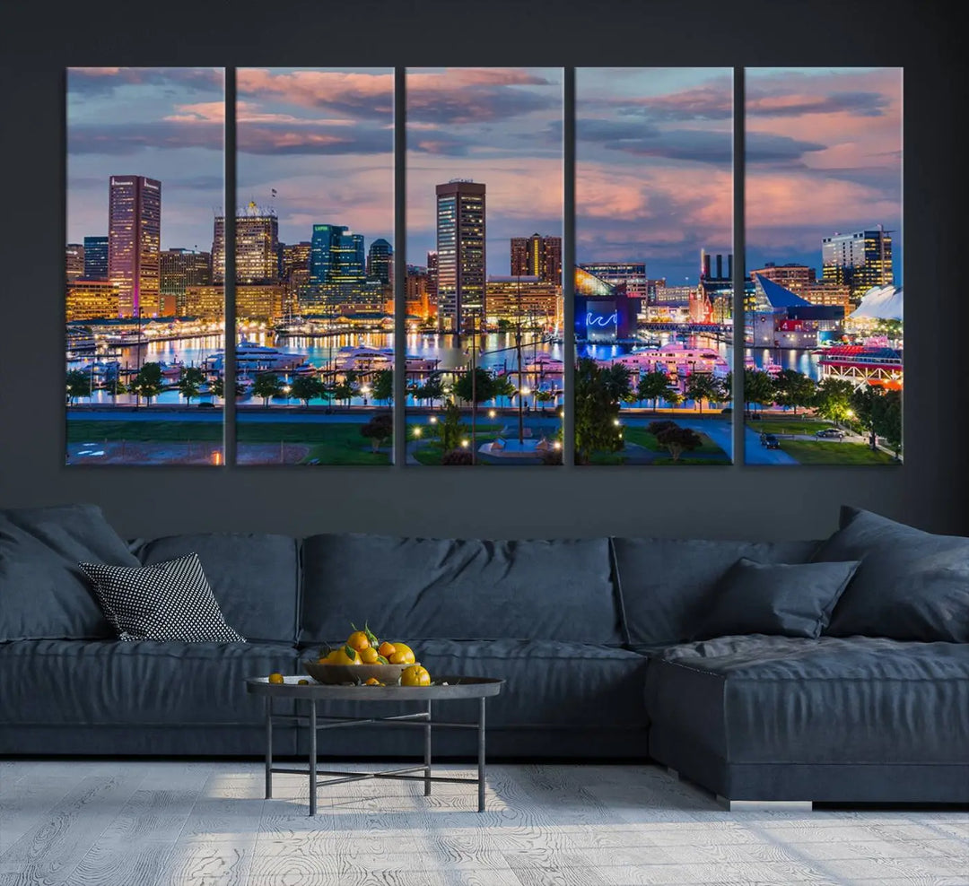 The "Baltimore City Lights Sunset Purple Cloudy Skyline Cityscape View Wall Art Canvas Prints," featuring a city skyline at sunset, is prominently displayed.