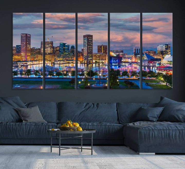 The "Baltimore City Lights Sunset Purple Cloudy Skyline Cityscape View Wall Art Canvas Prints," featuring a city skyline at sunset, is prominently displayed.