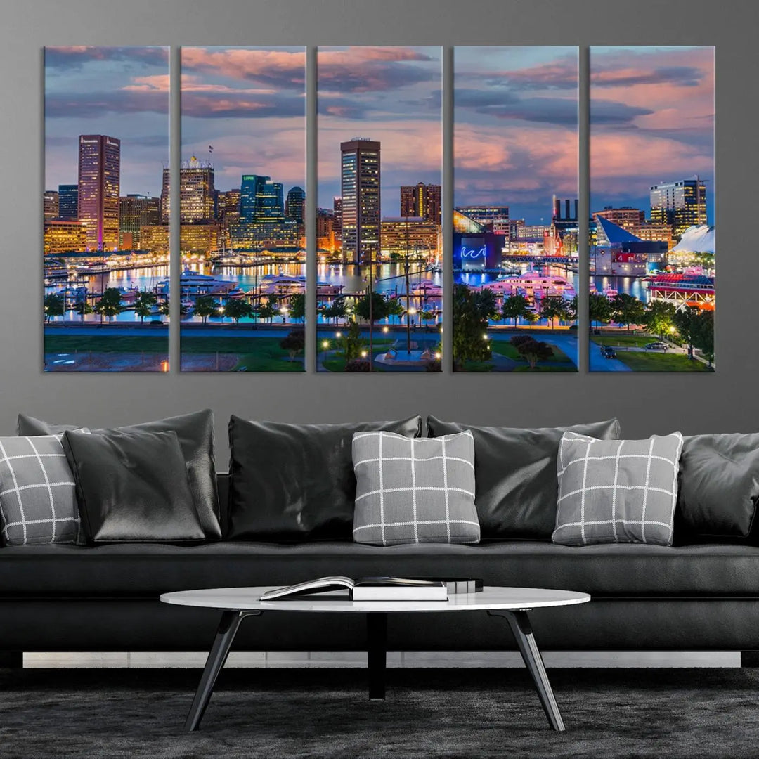 The "Baltimore City Lights Sunset Purple Cloudy Skyline Cityscape View Wall Art Canvas Prints," featuring a city skyline at sunset, is prominently displayed.