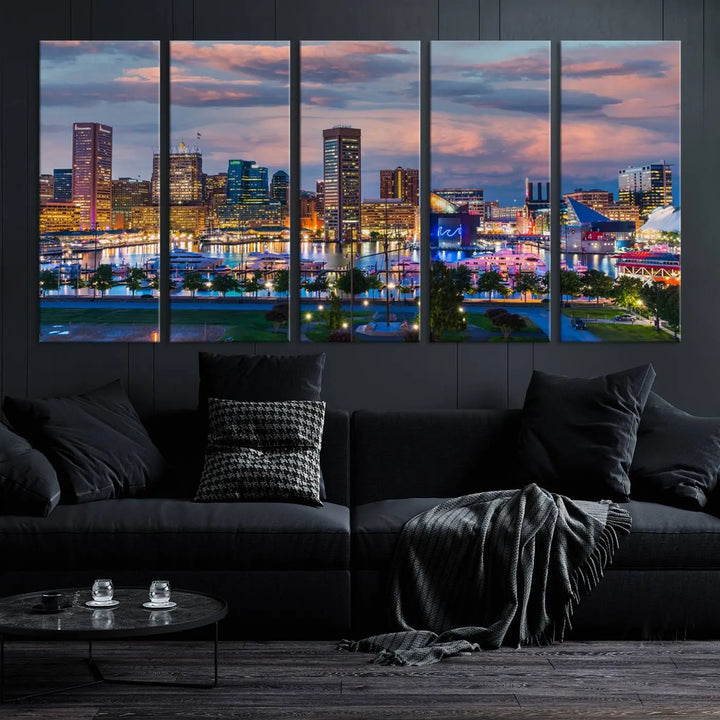 The "Baltimore City Lights Sunset Purple Cloudy Skyline Cityscape View Wall Art Canvas Prints," featuring a city skyline at sunset, is prominently displayed.