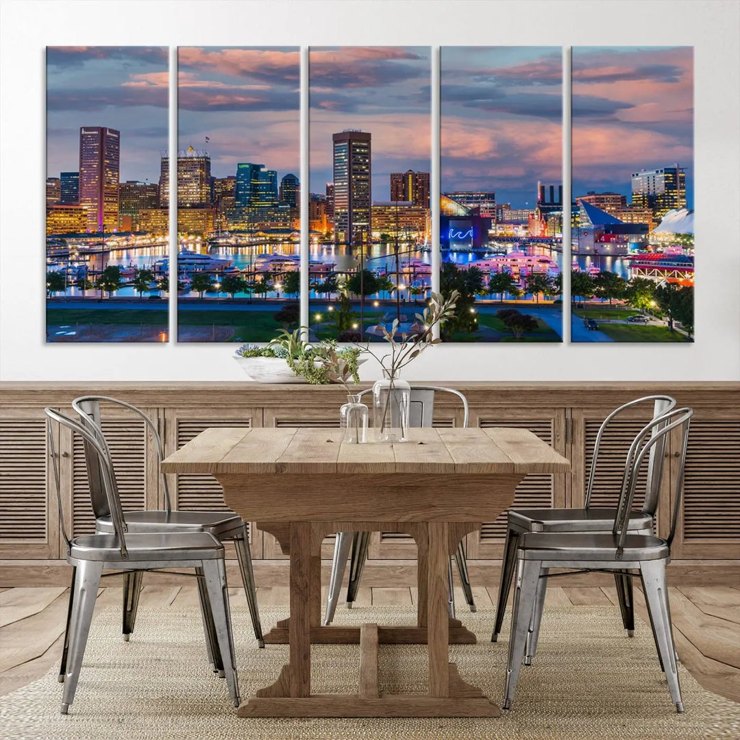 The "Baltimore City Lights Sunset Purple Cloudy Skyline Cityscape View Wall Art Canvas Prints," featuring a city skyline at sunset, is prominently displayed.