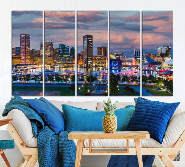 The "Baltimore City Lights Sunset Purple Cloudy Skyline Cityscape View Wall Art Canvas Prints," featuring a city skyline at sunset, is prominently displayed.