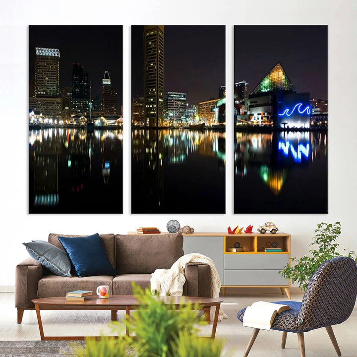 A triptych artwork, the "Baltimore City Night Skyline Cityscape View Wall Art Canvas Print," adorns the space. Crafted on museum-quality canvases, this piece exudes elegance and sophistication, transforming your space with the charm that only professional craftsmanship can bring.