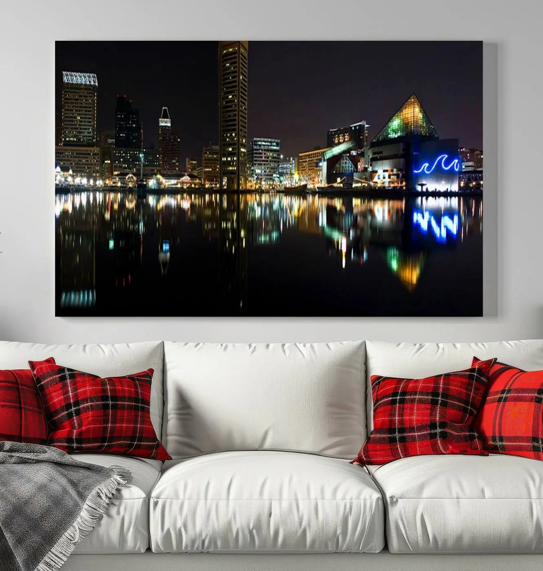 A triptych artwork, the "Baltimore City Night Skyline Cityscape View Wall Art Canvas Print," adorns the space. Crafted on museum-quality canvases, this piece exudes elegance and sophistication, transforming your space with the charm that only professional craftsmanship can bring.