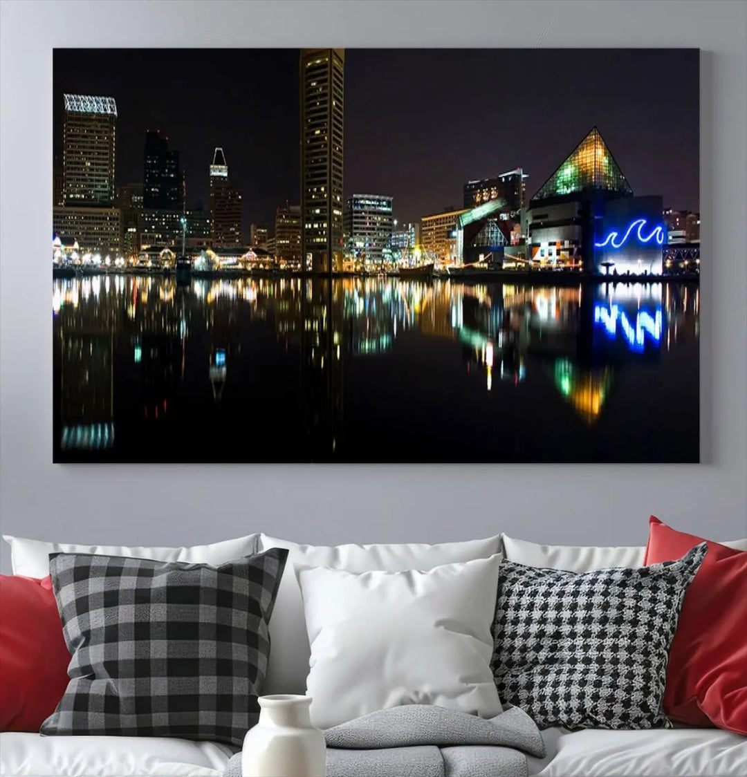 A triptych artwork, the "Baltimore City Night Skyline Cityscape View Wall Art Canvas Print," adorns the space. Crafted on museum-quality canvases, this piece exudes elegance and sophistication, transforming your space with the charm that only professional craftsmanship can bring.