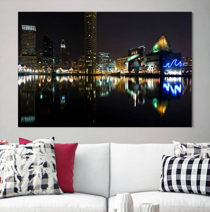 A triptych artwork, the "Baltimore City Night Skyline Cityscape View Wall Art Canvas Print," adorns the space. Crafted on museum-quality canvases, this piece exudes elegance and sophistication, transforming your space with the charm that only professional craftsmanship can bring.