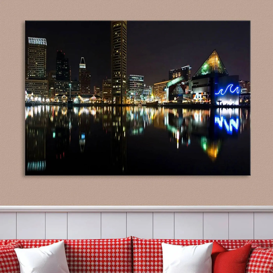 A triptych artwork, the "Baltimore City Night Skyline Cityscape View Wall Art Canvas Print," adorns the space. Crafted on museum-quality canvases, this piece exudes elegance and sophistication, transforming your space with the charm that only professional craftsmanship can bring.