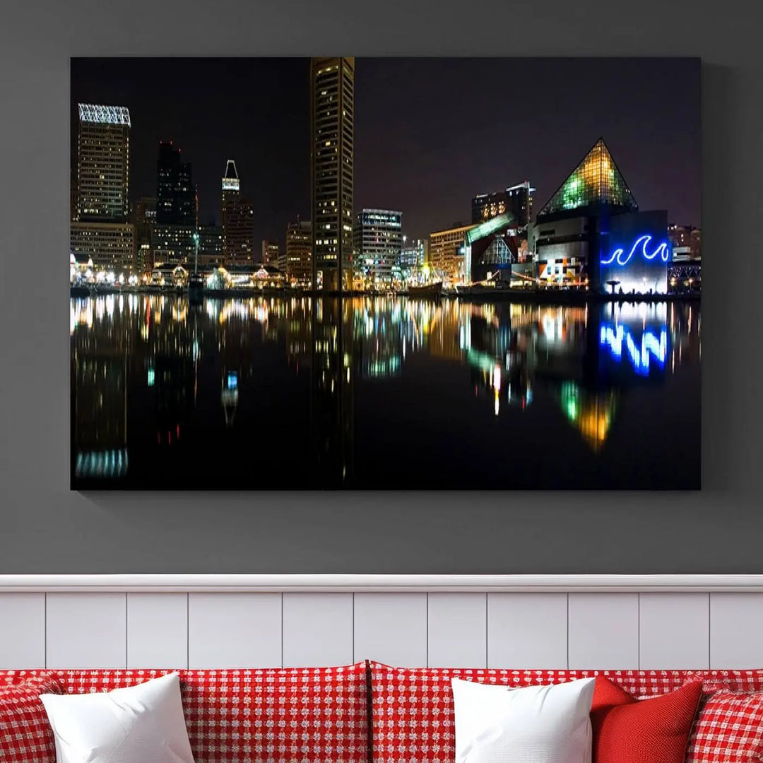 A triptych artwork, the "Baltimore City Night Skyline Cityscape View Wall Art Canvas Print," adorns the space. Crafted on museum-quality canvases, this piece exudes elegance and sophistication, transforming your space with the charm that only professional craftsmanship can bring.