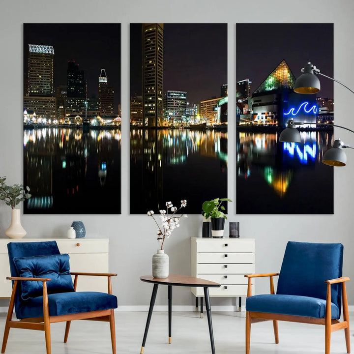 A triptych artwork, the "Baltimore City Night Skyline Cityscape View Wall Art Canvas Print," adorns the space. Crafted on museum-quality canvases, this piece exudes elegance and sophistication, transforming your space with the charm that only professional craftsmanship can bring.