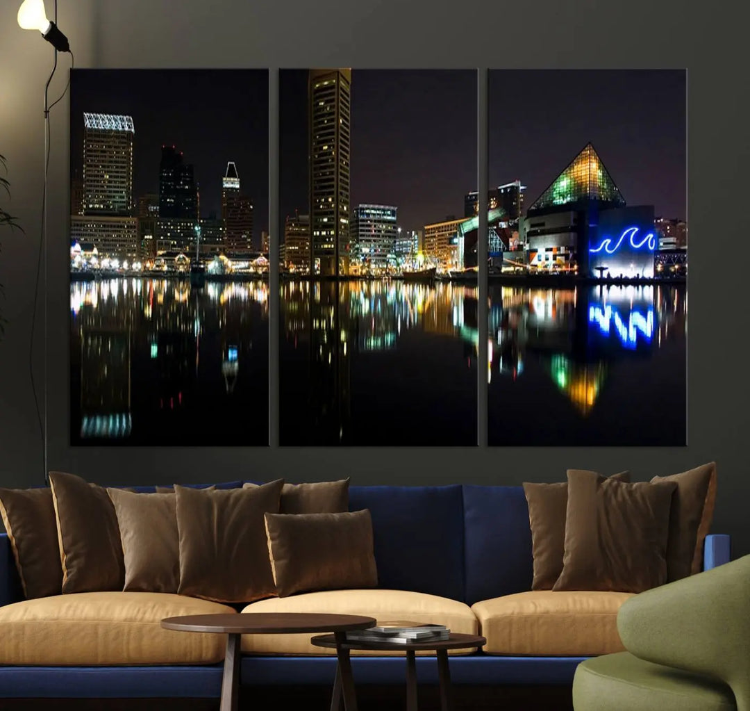 A triptych artwork, the "Baltimore City Night Skyline Cityscape View Wall Art Canvas Print," adorns the space. Crafted on museum-quality canvases, this piece exudes elegance and sophistication, transforming your space with the charm that only professional craftsmanship can bring.