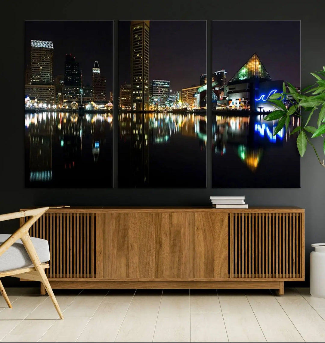 A triptych artwork, the "Baltimore City Night Skyline Cityscape View Wall Art Canvas Print," adorns the space. Crafted on museum-quality canvases, this piece exudes elegance and sophistication, transforming your space with the charm that only professional craftsmanship can bring.