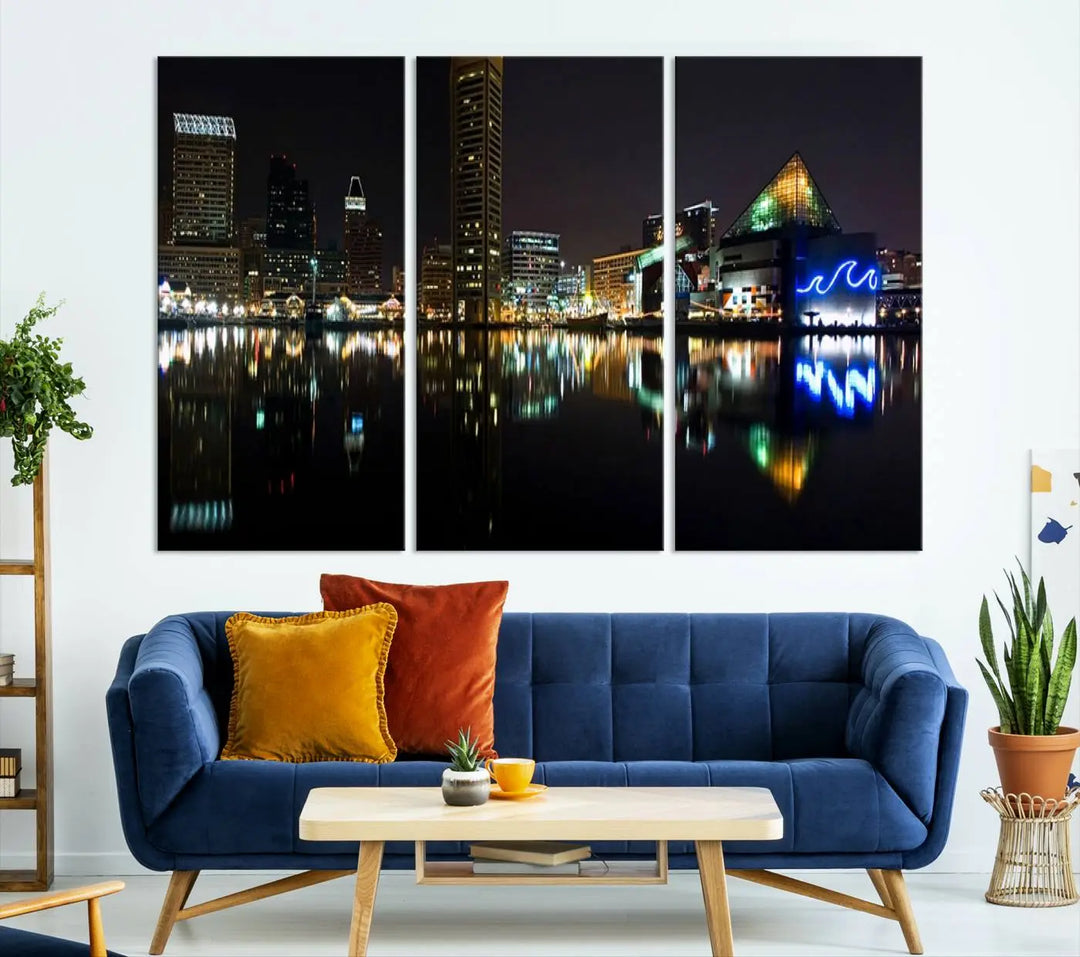 A triptych artwork, the "Baltimore City Night Skyline Cityscape View Wall Art Canvas Print," adorns the space. Crafted on museum-quality canvases, this piece exudes elegance and sophistication, transforming your space with the charm that only professional craftsmanship can bring.