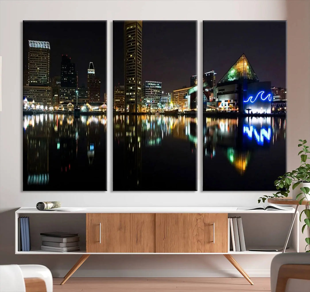 A triptych artwork, the "Baltimore City Night Skyline Cityscape View Wall Art Canvas Print," adorns the space. Crafted on museum-quality canvases, this piece exudes elegance and sophistication, transforming your space with the charm that only professional craftsmanship can bring.