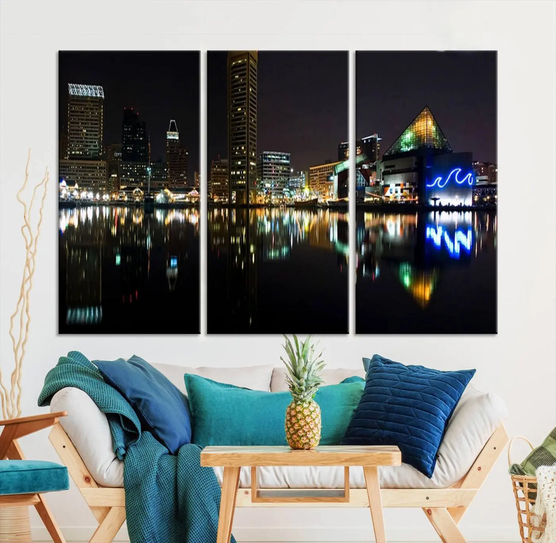 A triptych artwork, the "Baltimore City Night Skyline Cityscape View Wall Art Canvas Print," adorns the space. Crafted on museum-quality canvases, this piece exudes elegance and sophistication, transforming your space with the charm that only professional craftsmanship can bring.