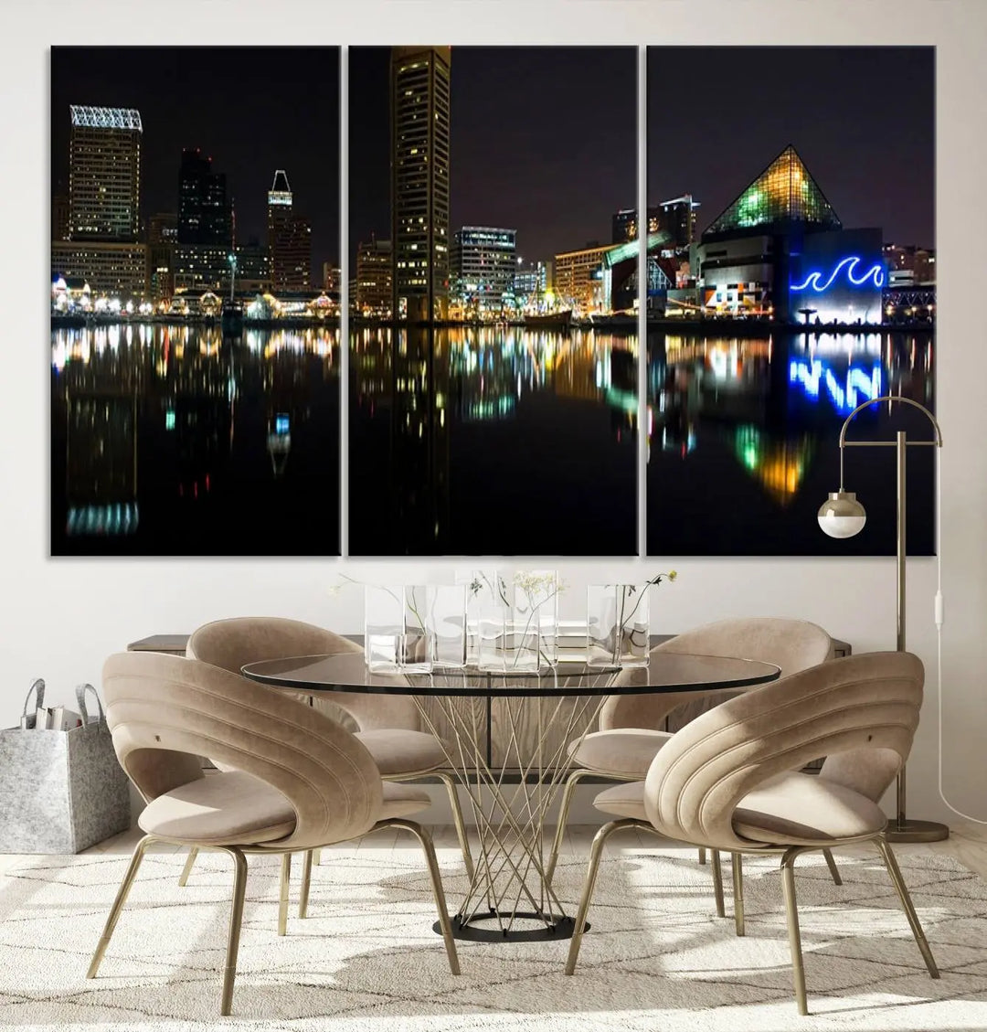 A triptych artwork, the "Baltimore City Night Skyline Cityscape View Wall Art Canvas Print," adorns the space. Crafted on museum-quality canvases, this piece exudes elegance and sophistication, transforming your space with the charm that only professional craftsmanship can bring.