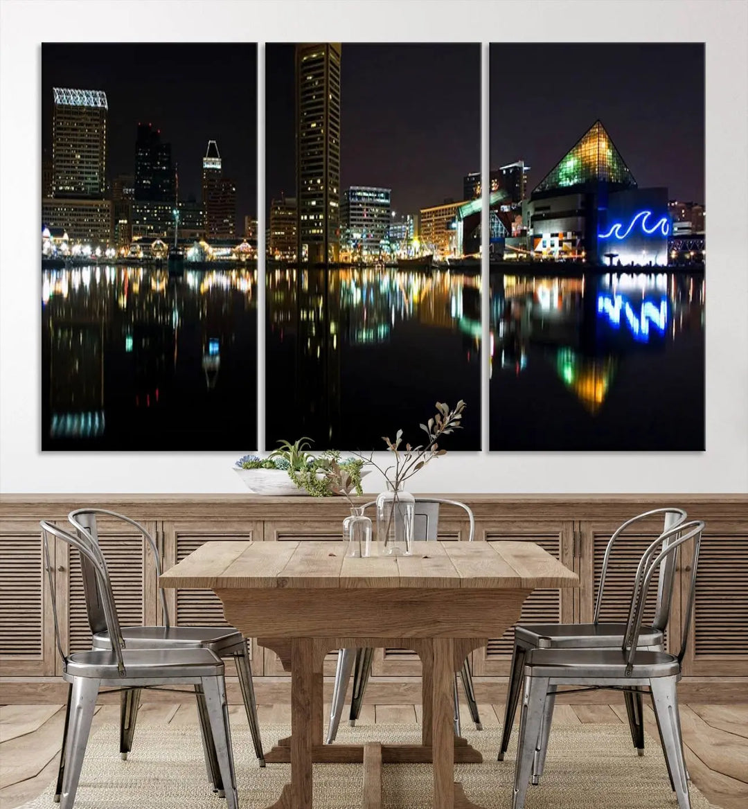 A triptych artwork, the "Baltimore City Night Skyline Cityscape View Wall Art Canvas Print," adorns the space. Crafted on museum-quality canvases, this piece exudes elegance and sophistication, transforming your space with the charm that only professional craftsmanship can bring.