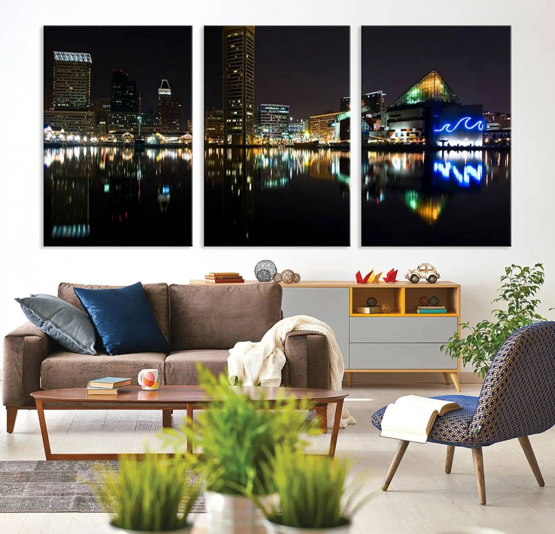 A triptych artwork, the "Baltimore City Night Skyline Cityscape View Wall Art Canvas Print," adorns the space. Crafted on museum-quality canvases, this piece exudes elegance and sophistication, transforming your space with the charm that only professional craftsmanship can bring.