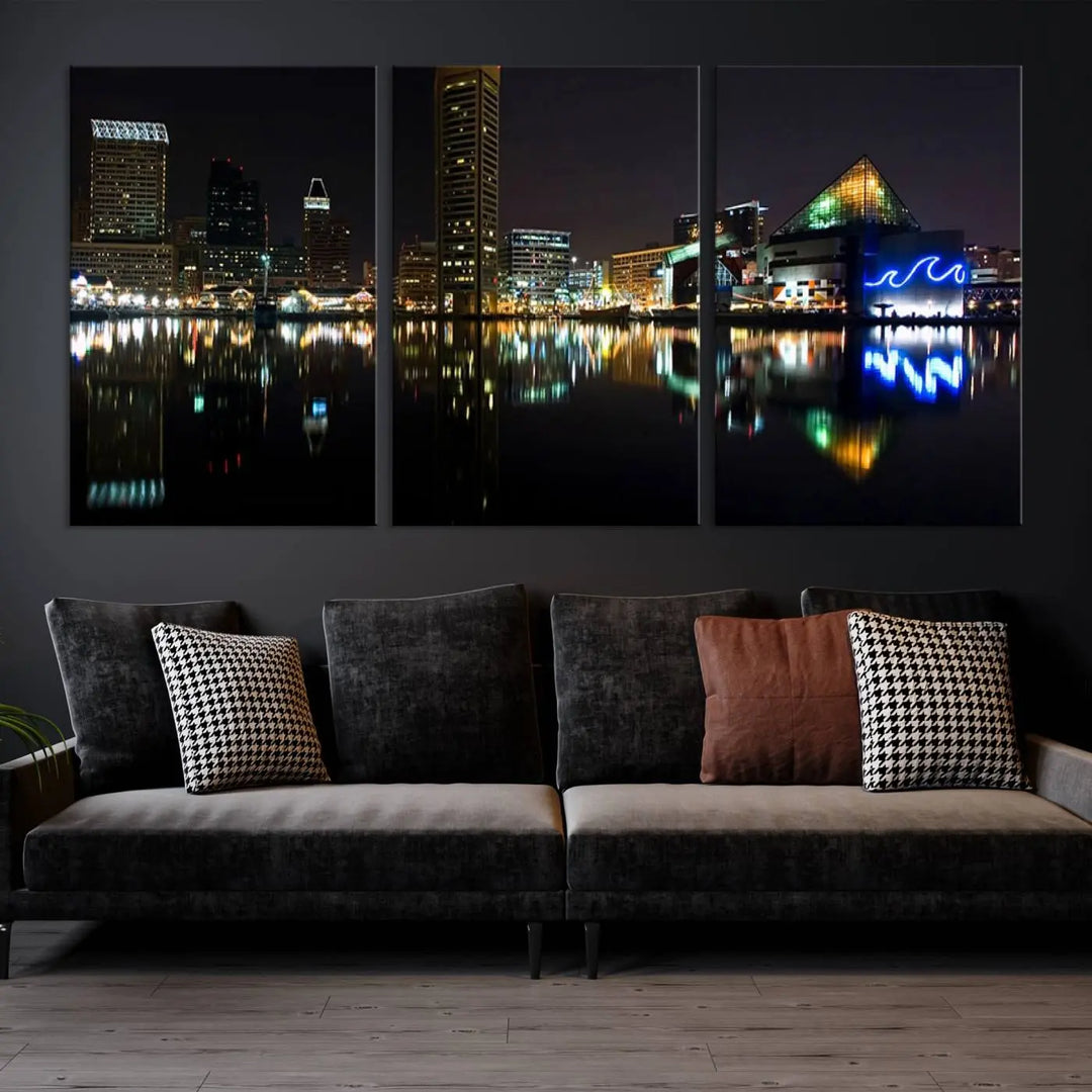 A triptych artwork, the "Baltimore City Night Skyline Cityscape View Wall Art Canvas Print," adorns the space. Crafted on museum-quality canvases, this piece exudes elegance and sophistication, transforming your space with the charm that only professional craftsmanship can bring.