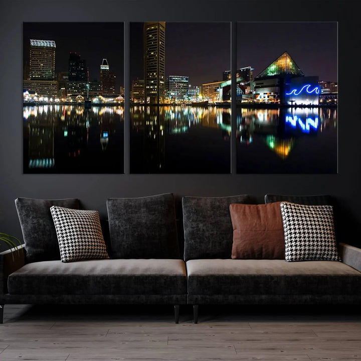 A triptych artwork, the "Baltimore City Night Skyline Cityscape View Wall Art Canvas Print," adorns the space. Crafted on museum-quality canvases, this piece exudes elegance and sophistication, transforming your space with the charm that only professional craftsmanship can bring.