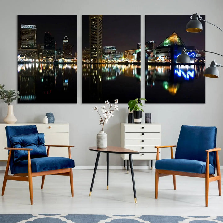 A triptych artwork, the "Baltimore City Night Skyline Cityscape View Wall Art Canvas Print," adorns the space. Crafted on museum-quality canvases, this piece exudes elegance and sophistication, transforming your space with the charm that only professional craftsmanship can bring.