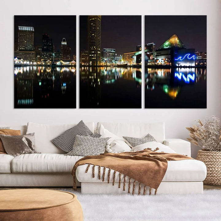 A triptych artwork, the "Baltimore City Night Skyline Cityscape View Wall Art Canvas Print," adorns the space. Crafted on museum-quality canvases, this piece exudes elegance and sophistication, transforming your space with the charm that only professional craftsmanship can bring.