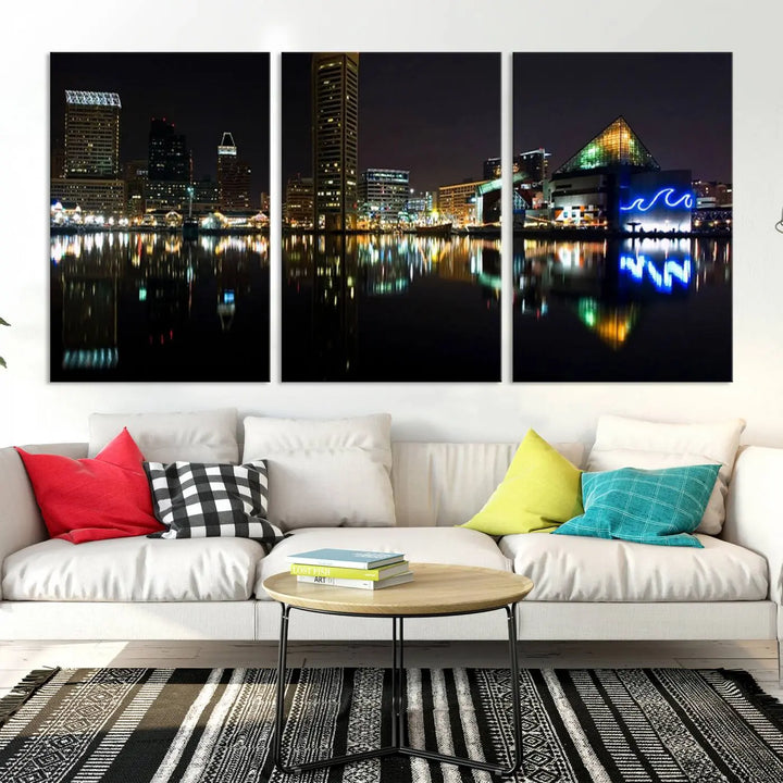 A triptych artwork, the "Baltimore City Night Skyline Cityscape View Wall Art Canvas Print," adorns the space. Crafted on museum-quality canvases, this piece exudes elegance and sophistication, transforming your space with the charm that only professional craftsmanship can bring.