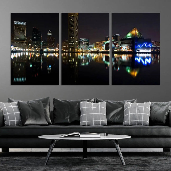 A triptych artwork, the "Baltimore City Night Skyline Cityscape View Wall Art Canvas Print," adorns the space. Crafted on museum-quality canvases, this piece exudes elegance and sophistication, transforming your space with the charm that only professional craftsmanship can bring.