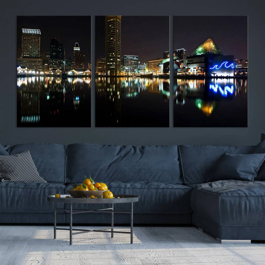 A triptych artwork, the "Baltimore City Night Skyline Cityscape View Wall Art Canvas Print," adorns the space. Crafted on museum-quality canvases, this piece exudes elegance and sophistication, transforming your space with the charm that only professional craftsmanship can bring.