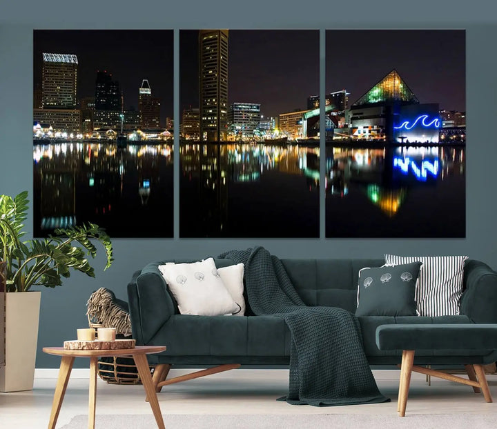 A triptych artwork, the "Baltimore City Night Skyline Cityscape View Wall Art Canvas Print," adorns the space. Crafted on museum-quality canvases, this piece exudes elegance and sophistication, transforming your space with the charm that only professional craftsmanship can bring.