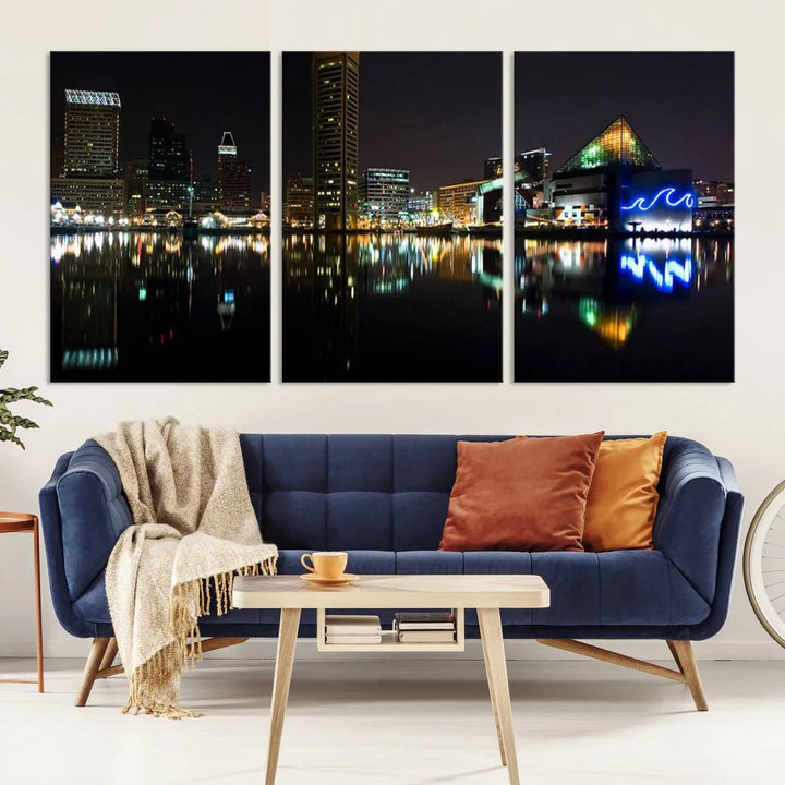 A triptych artwork, the "Baltimore City Night Skyline Cityscape View Wall Art Canvas Print," adorns the space. Crafted on museum-quality canvases, this piece exudes elegance and sophistication, transforming your space with the charm that only professional craftsmanship can bring.