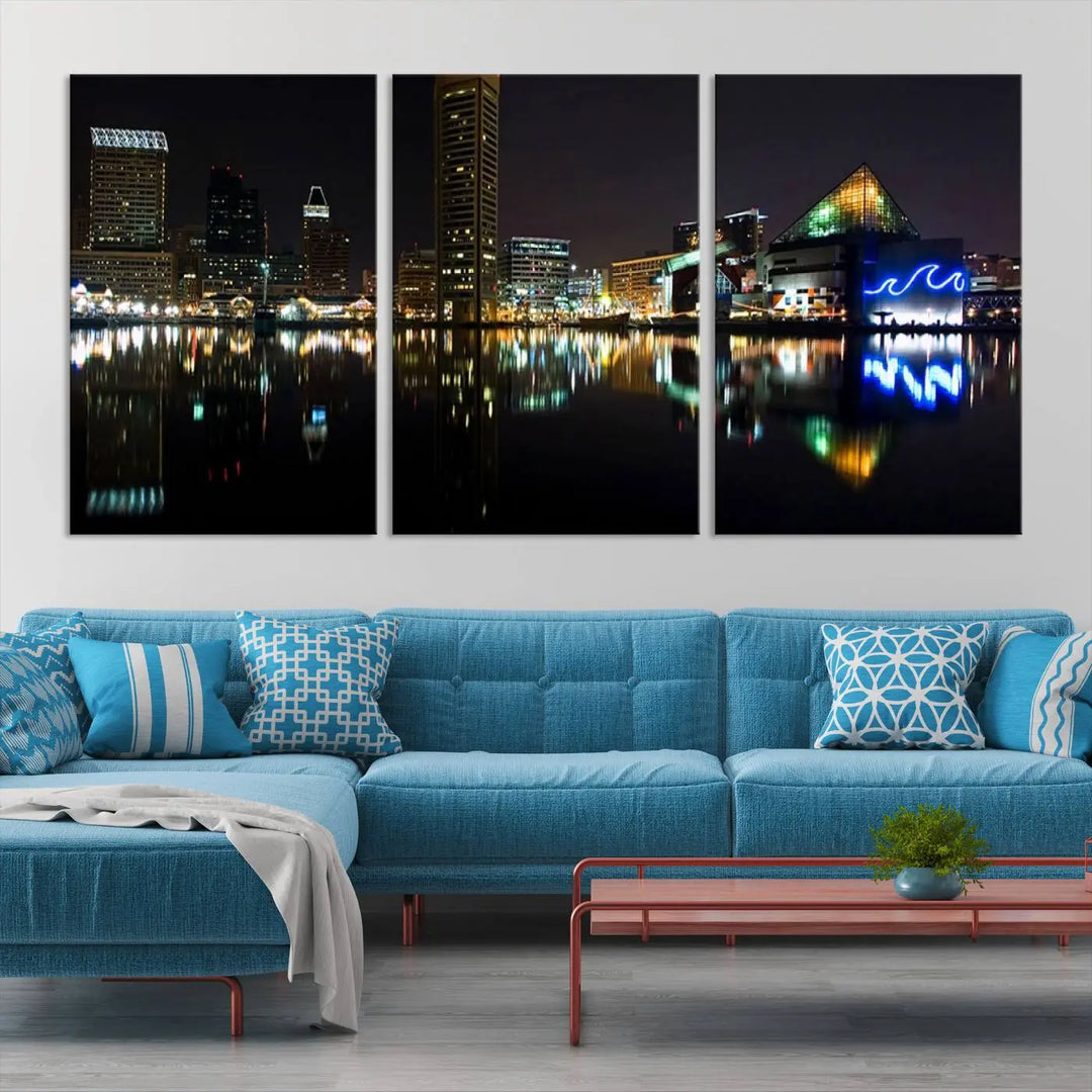 A triptych artwork, the "Baltimore City Night Skyline Cityscape View Wall Art Canvas Print," adorns the space. Crafted on museum-quality canvases, this piece exudes elegance and sophistication, transforming your space with the charm that only professional craftsmanship can bring.