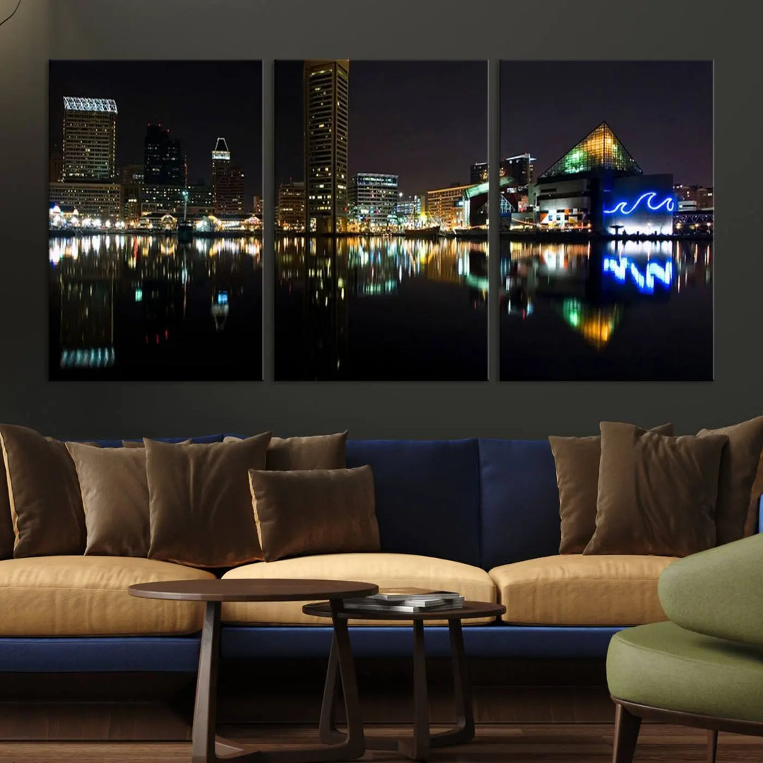 A triptych artwork, the "Baltimore City Night Skyline Cityscape View Wall Art Canvas Print," adorns the space. Crafted on museum-quality canvases, this piece exudes elegance and sophistication, transforming your space with the charm that only professional craftsmanship can bring.