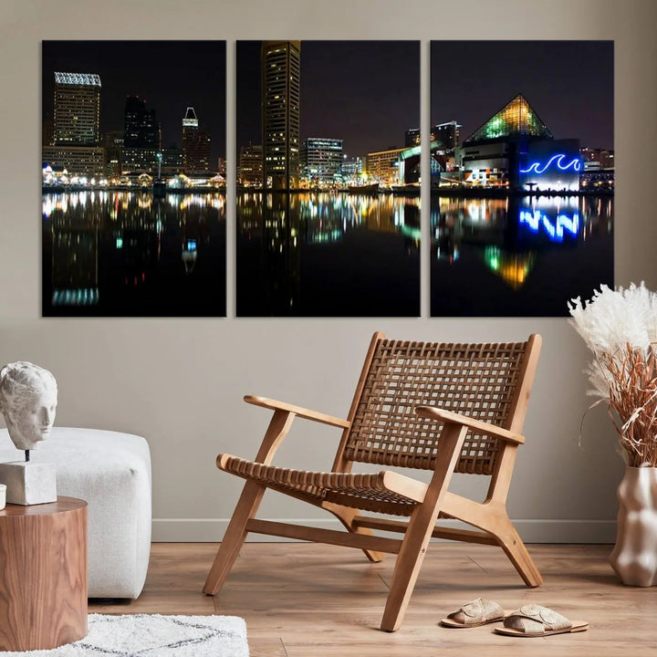 A triptych artwork, the "Baltimore City Night Skyline Cityscape View Wall Art Canvas Print," adorns the space. Crafted on museum-quality canvases, this piece exudes elegance and sophistication, transforming your space with the charm that only professional craftsmanship can bring.