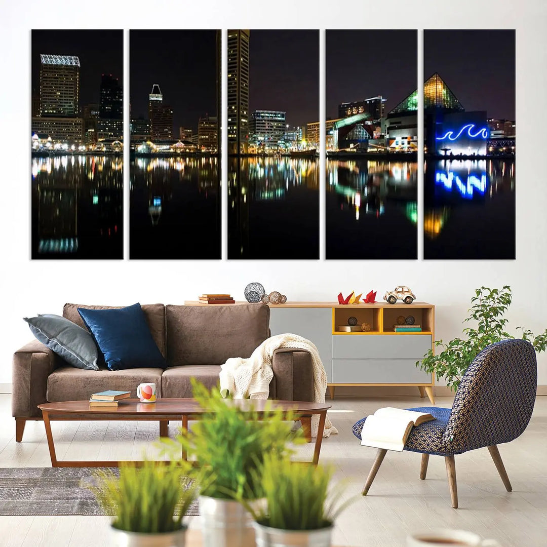 A triptych artwork, the "Baltimore City Night Skyline Cityscape View Wall Art Canvas Print," adorns the space. Crafted on museum-quality canvases, this piece exudes elegance and sophistication, transforming your space with the charm that only professional craftsmanship can bring.