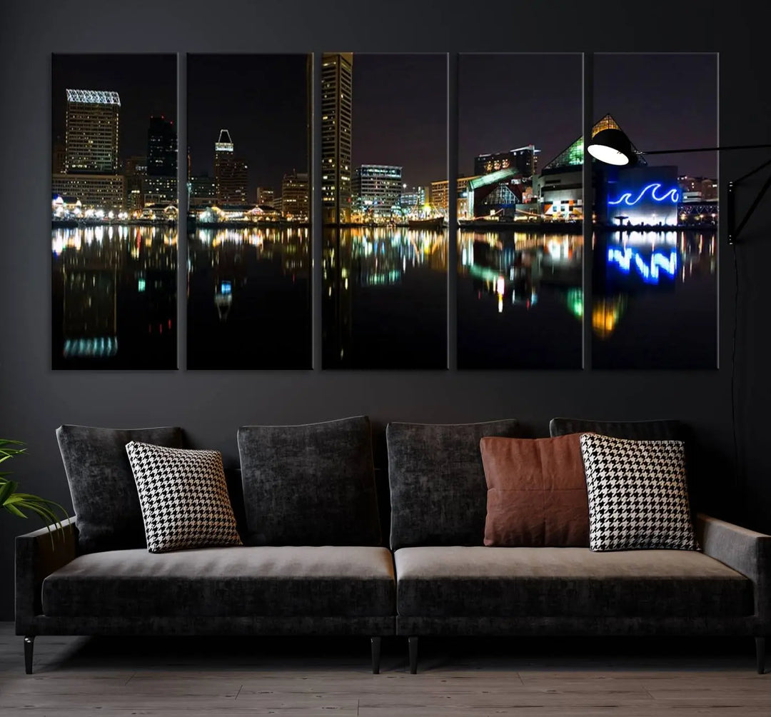 A triptych artwork, the "Baltimore City Night Skyline Cityscape View Wall Art Canvas Print," adorns the space. Crafted on museum-quality canvases, this piece exudes elegance and sophistication, transforming your space with the charm that only professional craftsmanship can bring.