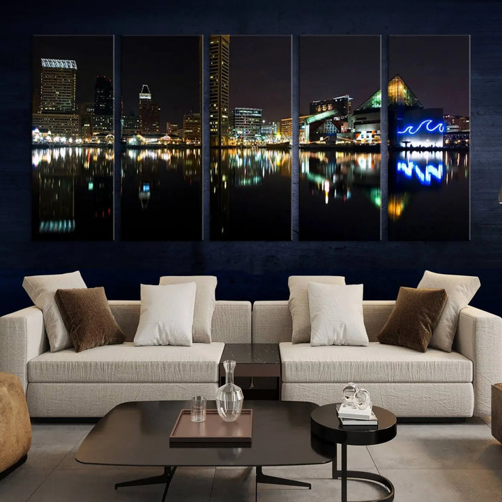 A triptych artwork, the "Baltimore City Night Skyline Cityscape View Wall Art Canvas Print," adorns the space. Crafted on museum-quality canvases, this piece exudes elegance and sophistication, transforming your space with the charm that only professional craftsmanship can bring.