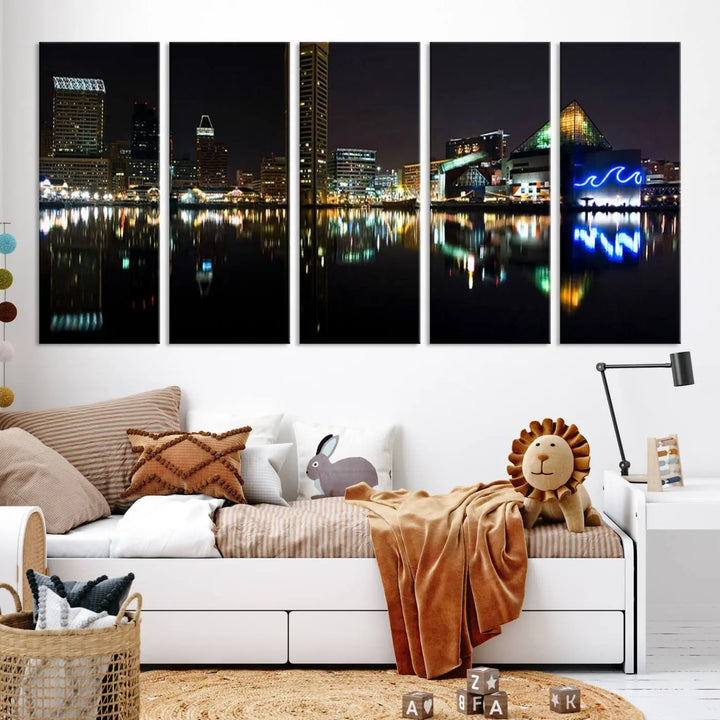 A triptych artwork, the "Baltimore City Night Skyline Cityscape View Wall Art Canvas Print," adorns the space. Crafted on museum-quality canvases, this piece exudes elegance and sophistication, transforming your space with the charm that only professional craftsmanship can bring.