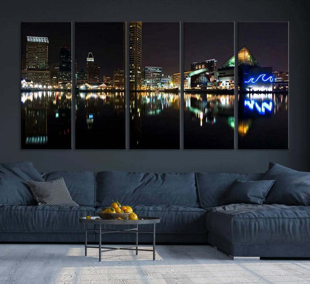 A triptych artwork, the "Baltimore City Night Skyline Cityscape View Wall Art Canvas Print," adorns the space. Crafted on museum-quality canvases, this piece exudes elegance and sophistication, transforming your space with the charm that only professional craftsmanship can bring.