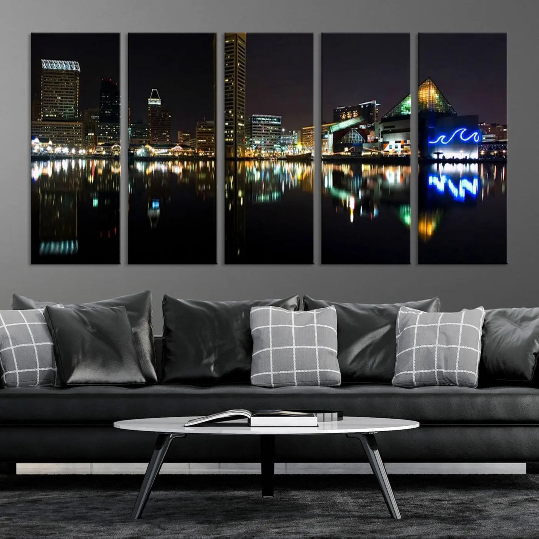 A triptych artwork, the "Baltimore City Night Skyline Cityscape View Wall Art Canvas Print," adorns the space. Crafted on museum-quality canvases, this piece exudes elegance and sophistication, transforming your space with the charm that only professional craftsmanship can bring.